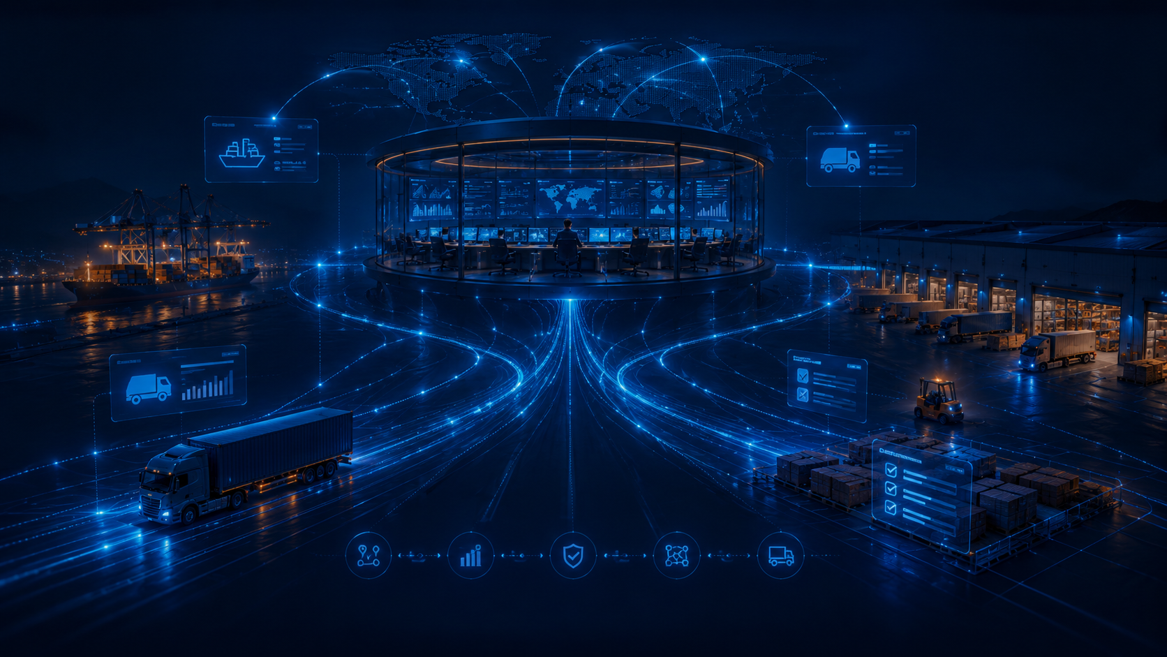 Conceptual logistics control hub connecting trucks, warehouse operations, data systems, and global network information.