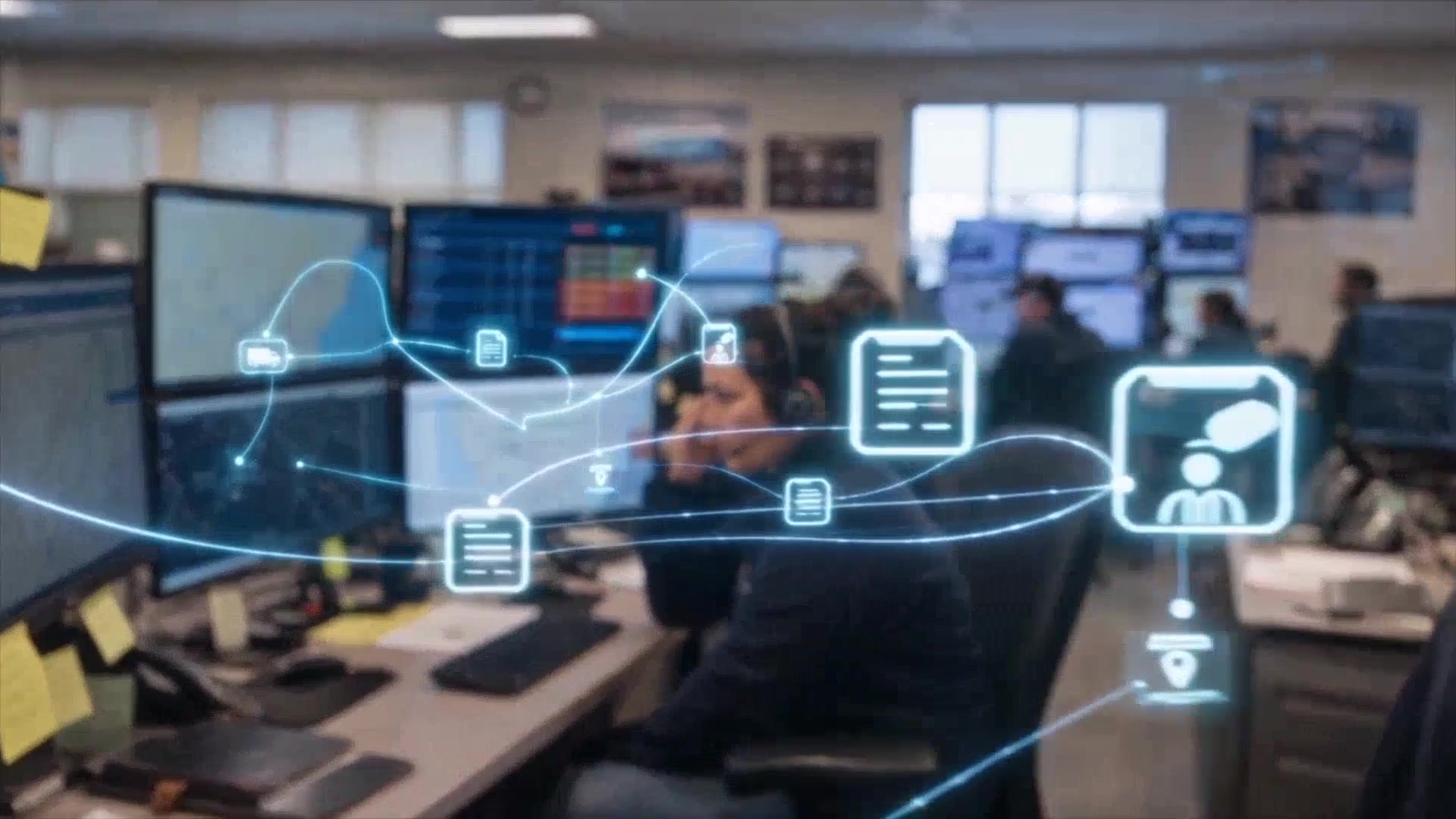 Conceptual logistics operations scene with connected data sources.